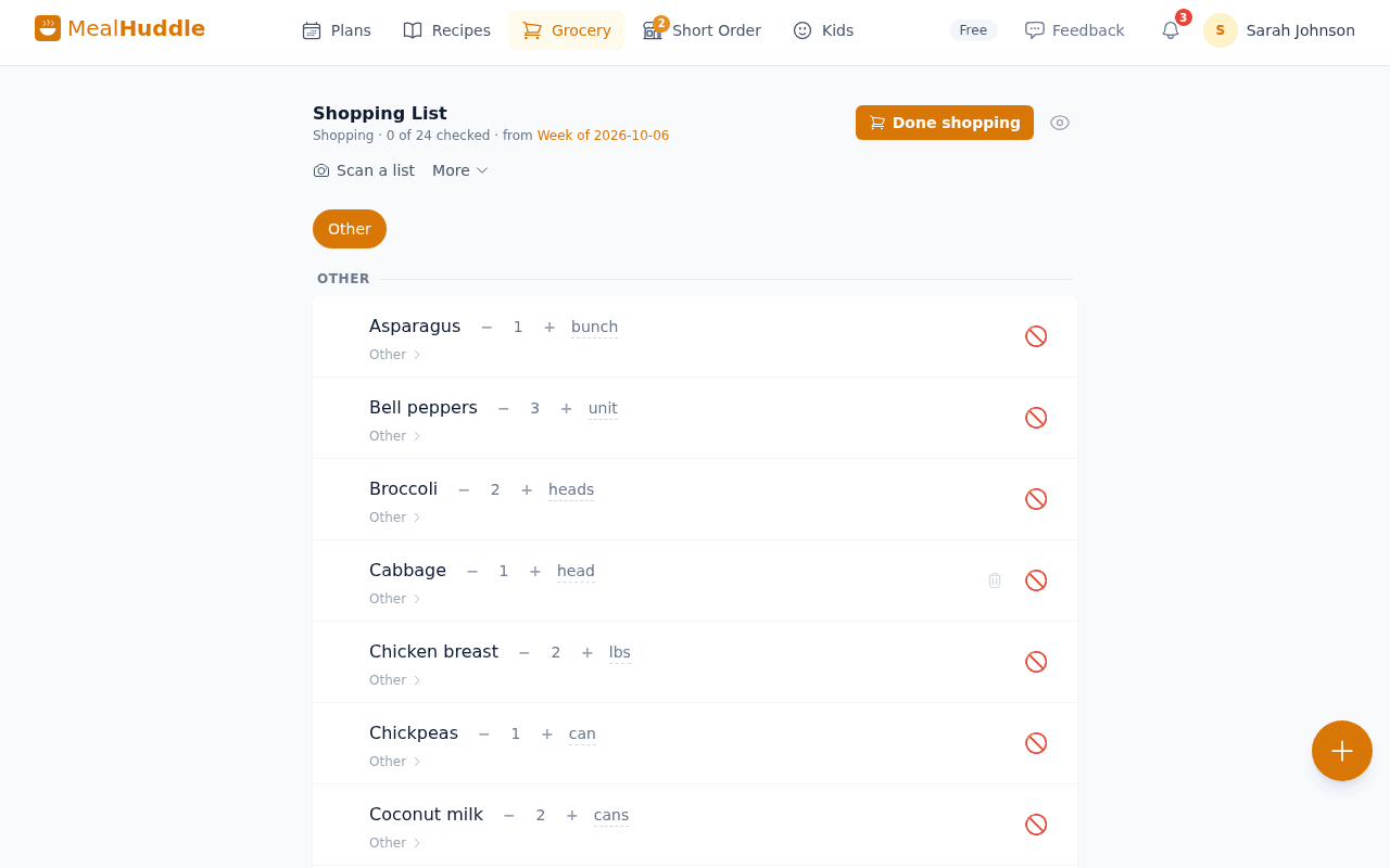 MealHuddle grocery page screenshot
