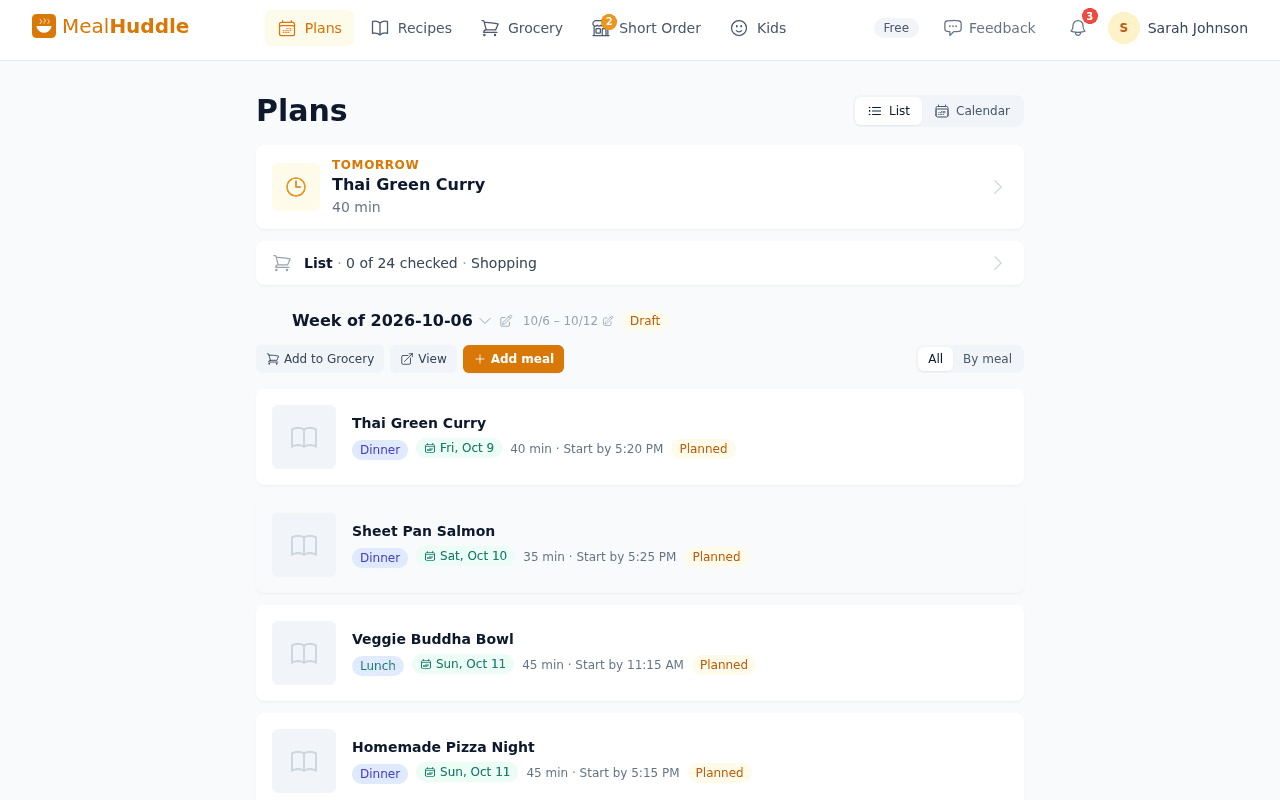 MealHuddle meals page screenshot