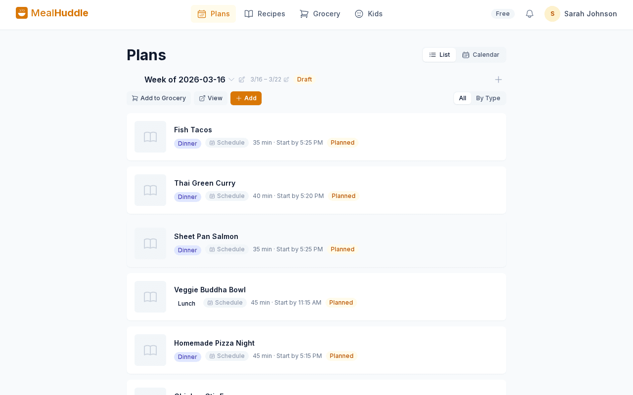 MealHuddle meals page screenshot