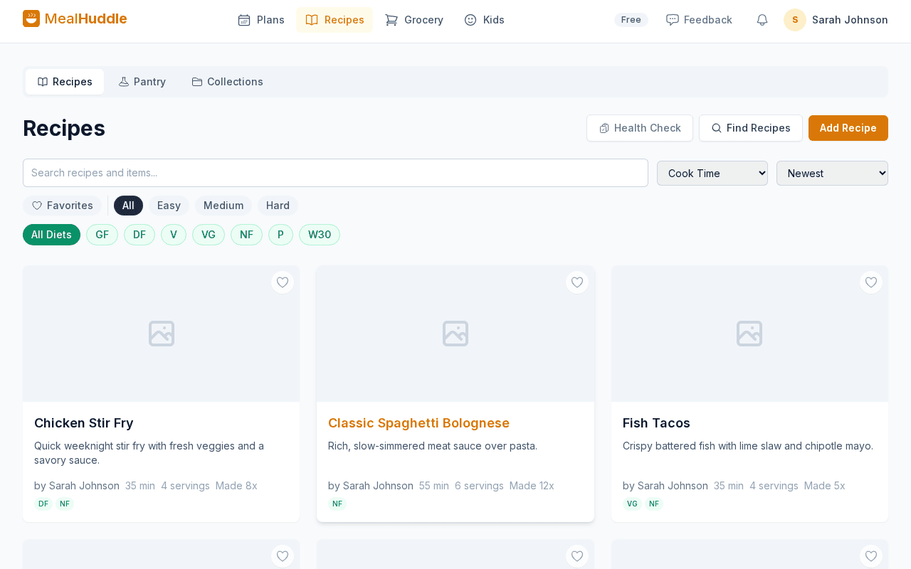 MealHuddle recipes page screenshot