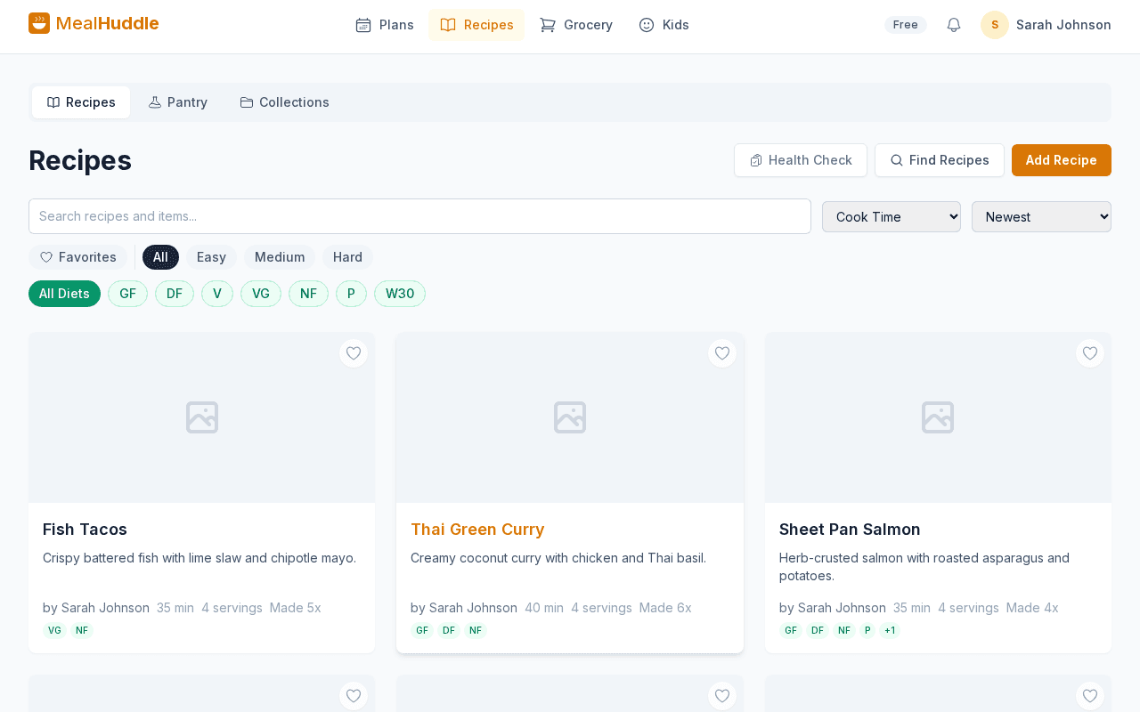 MealHuddle recipes page screenshot
