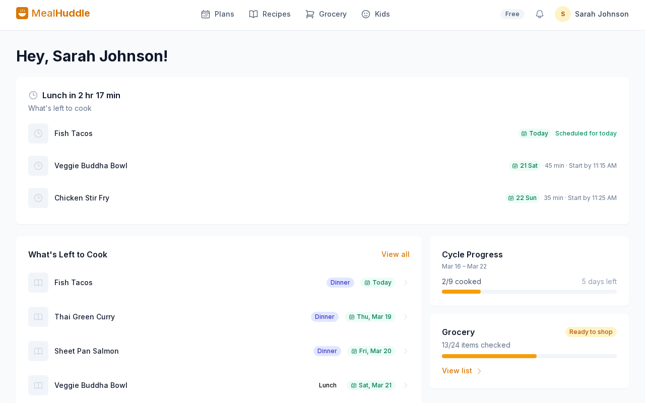 MealHuddle dashboard showing meal plans, grocery progress, and upcoming meals